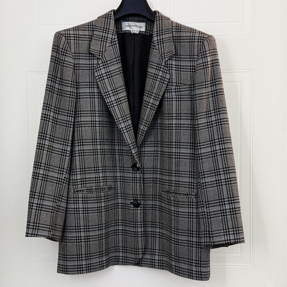 Jones New York Wool Blazer Gray Tweed Coat Jacket Vintage Preppy Womens SZ 12